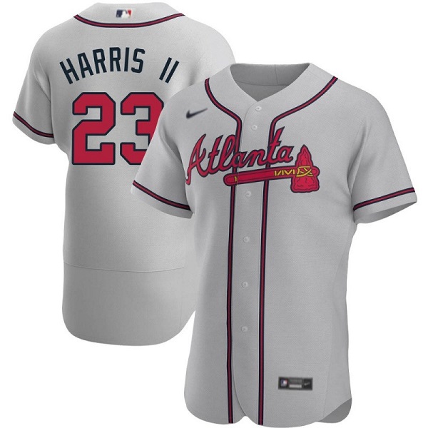Men's Atlanta Braves #23 Michael Harris II Gray Flex Base Stitched Baseball Jersey Men's Atlanta Braves #23 Michael Harris II Gray Flex Base Stitched Baseball Jersey